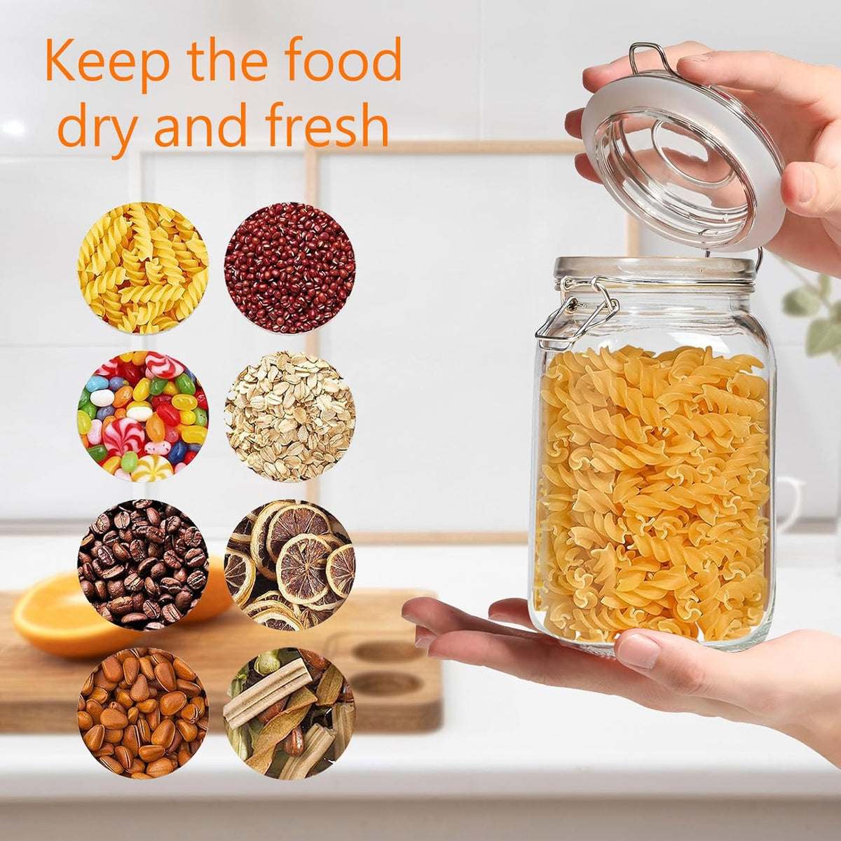 50oz Square Glass Food Storage Jars Storage Container with Clear Preserving Seal Wire Clip Fastening for Kitchen Canning Flour, Cereal, Pasta, Sugar, Beans