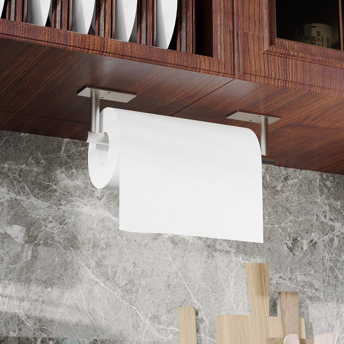 Ruacq Paper Towel Holder Under Cabinet Stainless Steel Double Post Pivoting Square Base Paper Towel Holder for Kitchen Self-Adhesive or Drill mounting (Silver, Large Roll)
