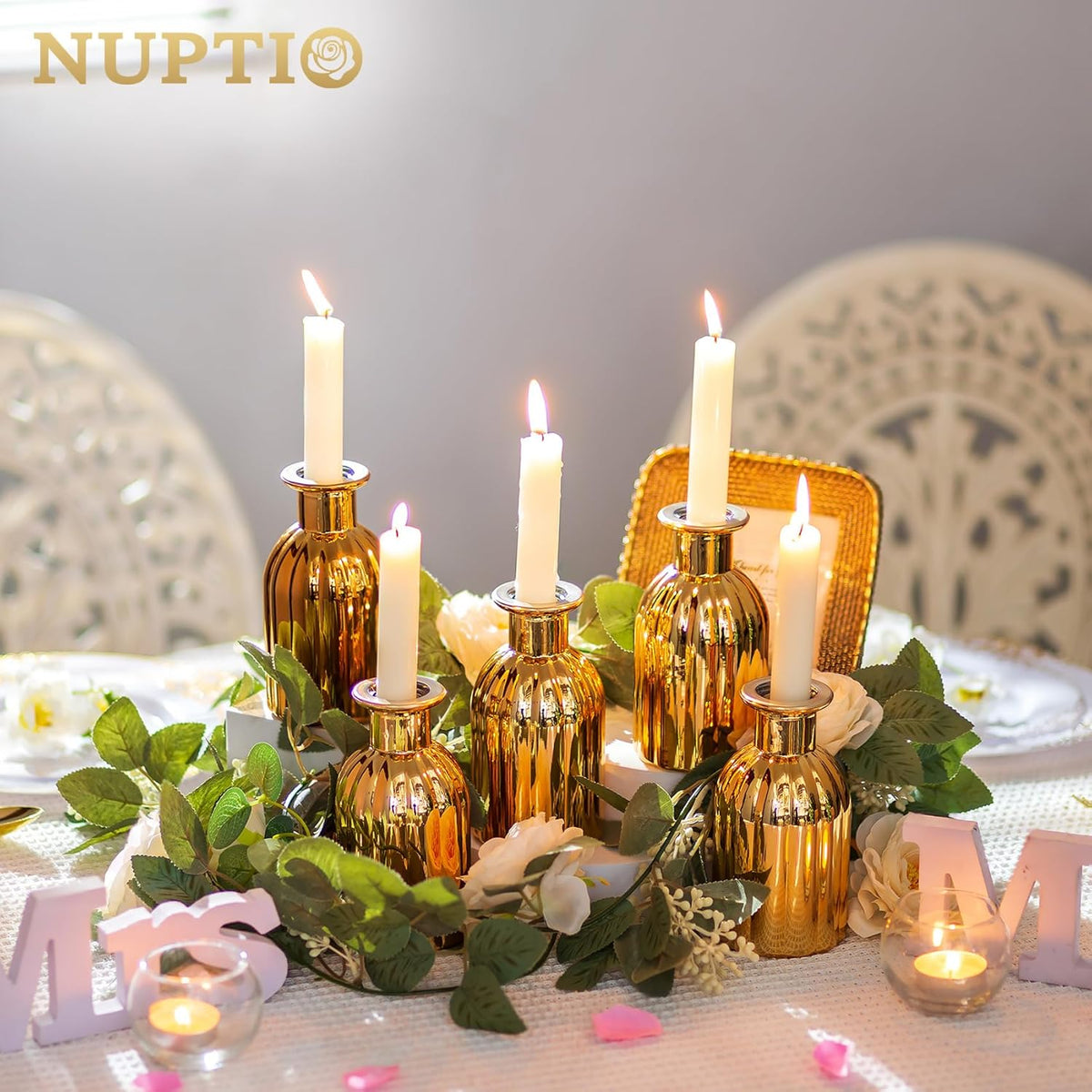 NUPTIO Bud Vases Small Gold: 12 Pcs Glass Vase Set in Bulk for Flowers - Mini Vintage Flower Bottle Single Assorted Vases for Wedding Table Centerpieces