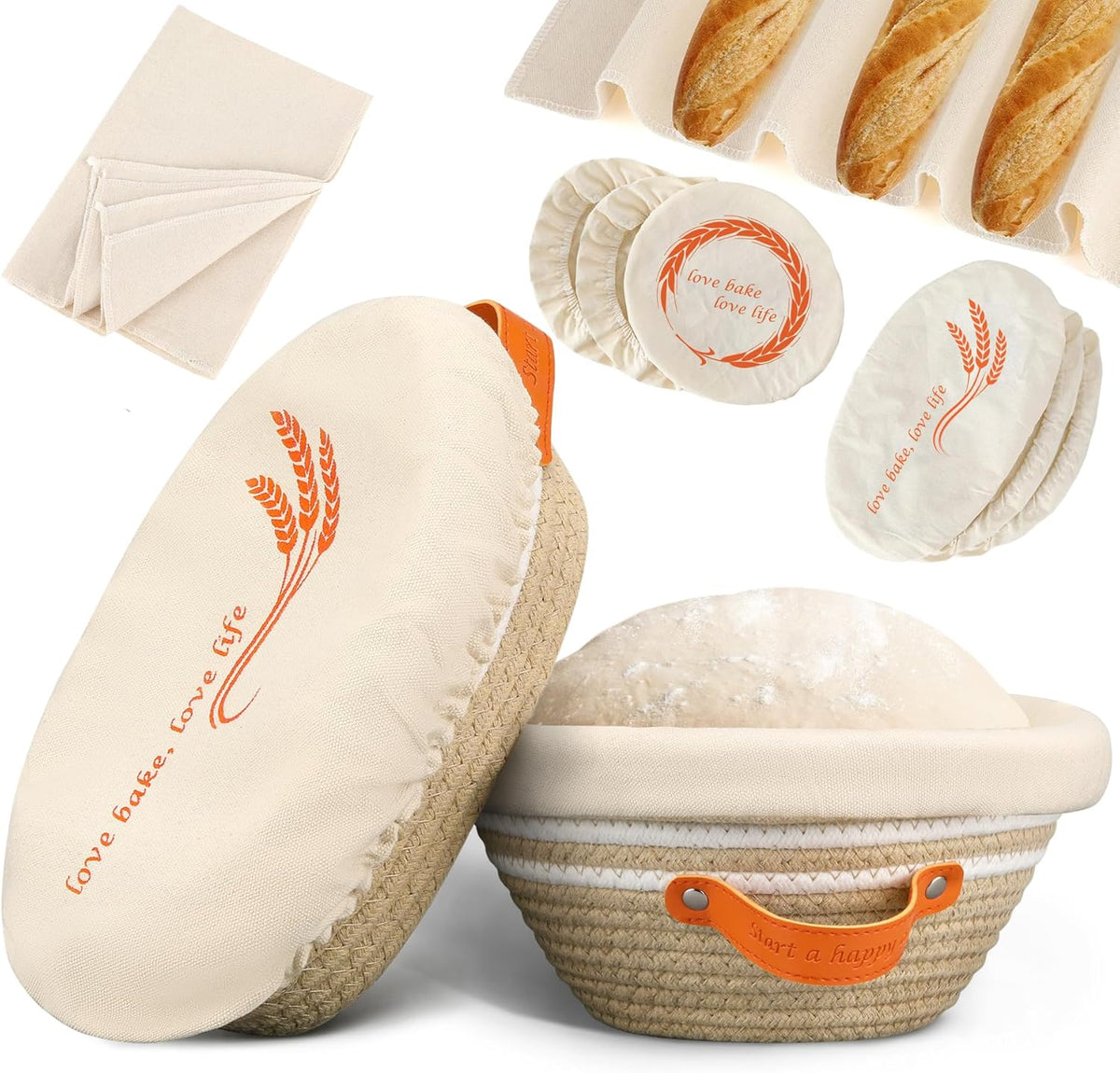 HASHMUST Banneton Bread Proofing Basket Set, 9 Inch Round & 10 Inch Oval Cotton Rope Proofing Bowls with Liners Covers & 14x19 Inch Thick Baguettes Cloth, Sourdough Dough Loaves Baking Supplies Gifts