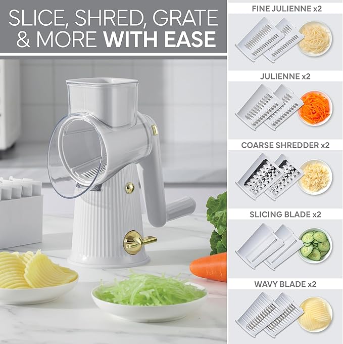 COOK WITH COLOR Rotary Cheese Grater with Handle - Counter Cheese Grater Suction Base with Hand Crank - 5 Blade Cheese Shredder - Easy to Use Manual Vegetable Chopper and Mandolin
