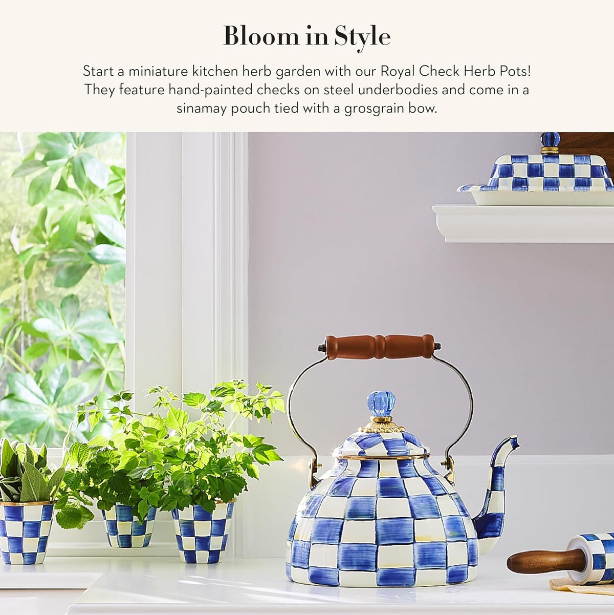 MACKENZIE-CHILDS Enamel Herb Pots, Small Plant Pots for Herbs or Flowers, Set of 3, Blue-and-White Royal Check