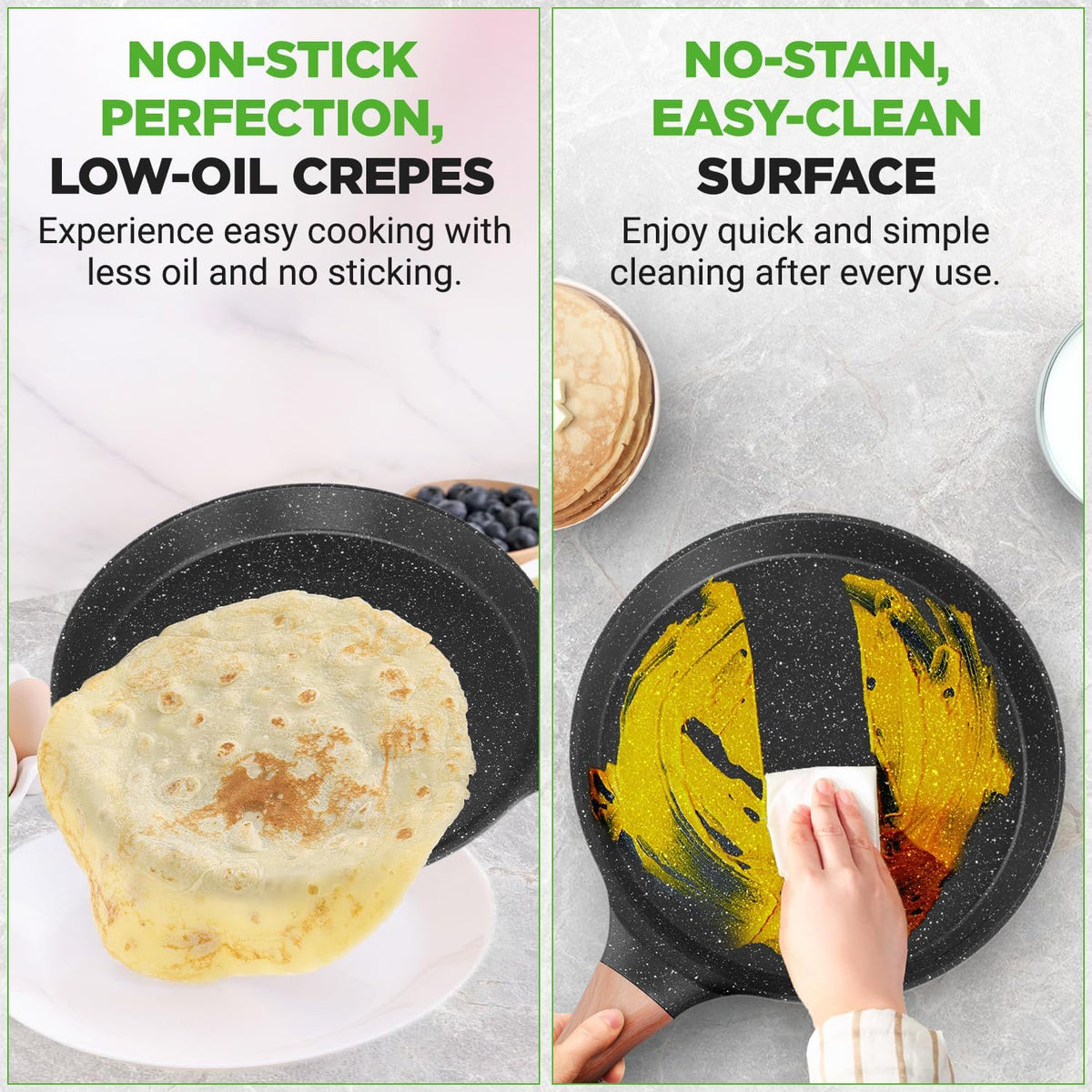 Nutrichef 2-Pack Non-Stick Crepe Pan Set, 9.4" Marble Coated Dosa Pans with Wooden Spreaders, Bakelite and Wood Handles, Induction-Compatible, Dishwasher Safe, Even Heat Distribution, Black Marble