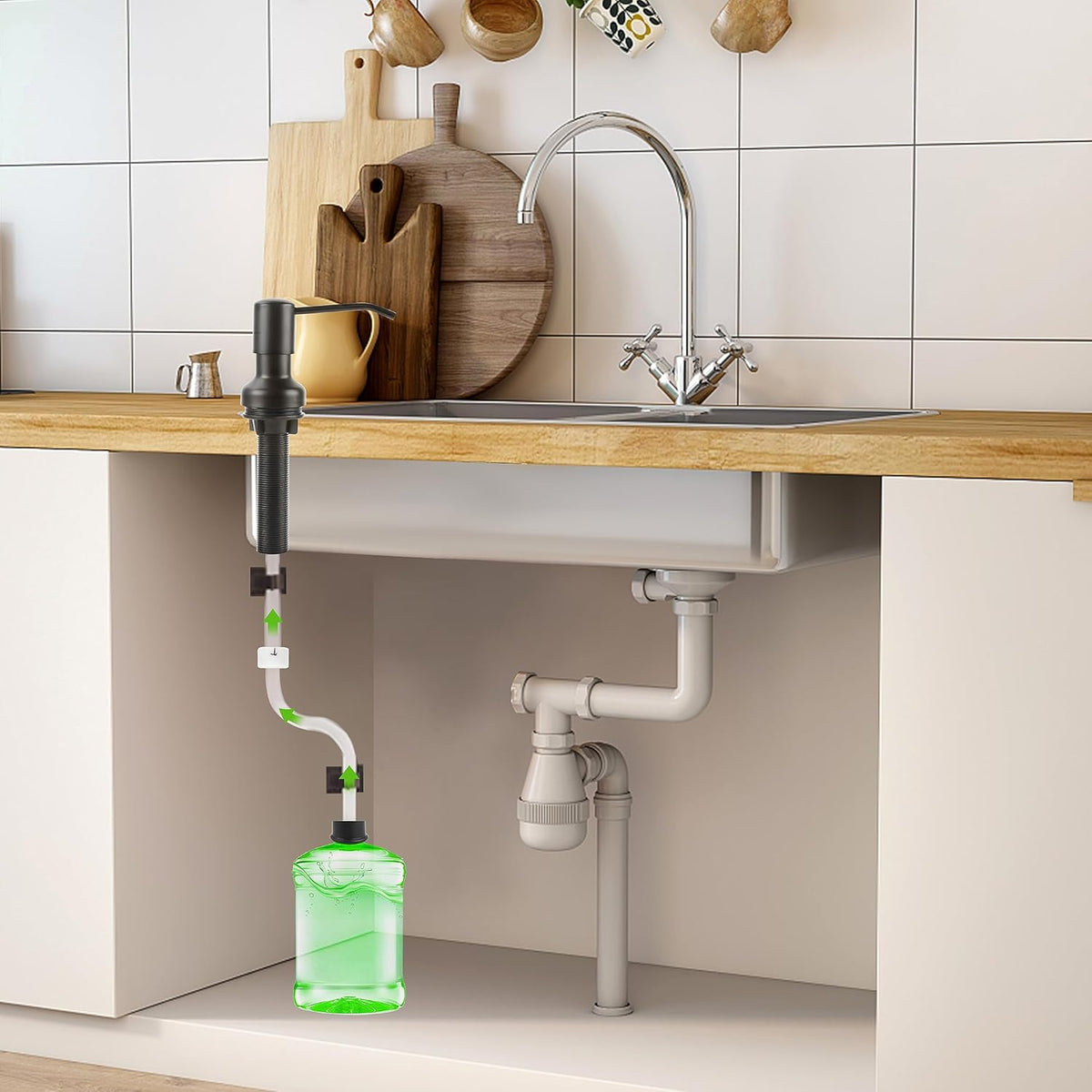Soap Dispenser for Kitchen Sink, Sink Soap Dispenser with Longer Threaded Shaft Shank, 47" Extension Tube Connects Directly to Dish Soap Container, Wider Pump Head Base （Black）