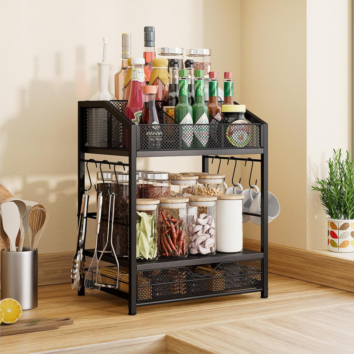 Coffee Bar Organizer - Countertop Coffee Station, 42 K Cup holder Storage Basket with Drawer and Hooks for Syrup, Cups, Stirrer, Condiment, Tea Organizer, Black