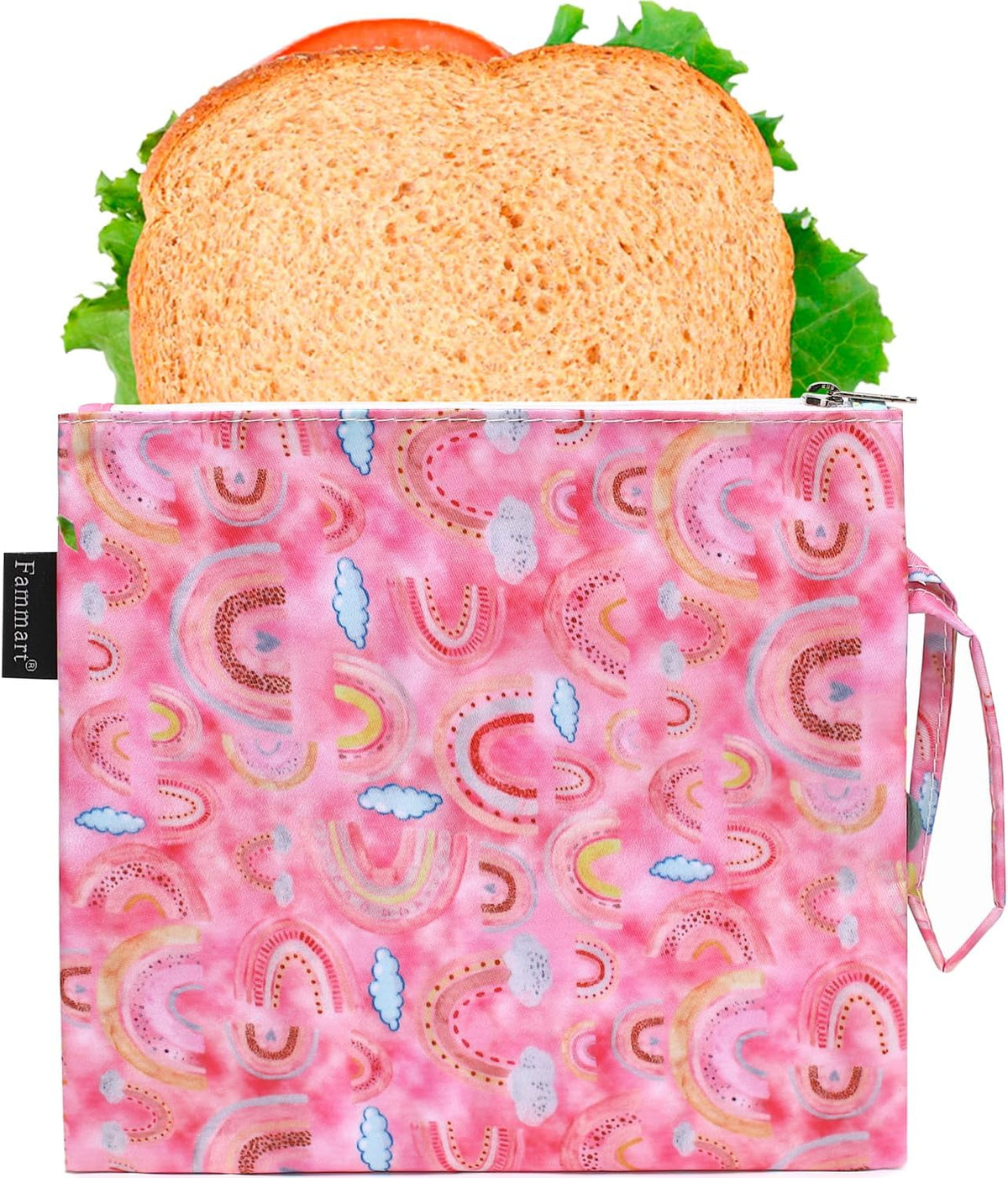 Reusable Sandwich Bag/Snack Bag for Kids & Adults, Dual Layer Lunch Bag with Handle, Washable, Food Safe, BPA Free (1-Pack, Rainbow)