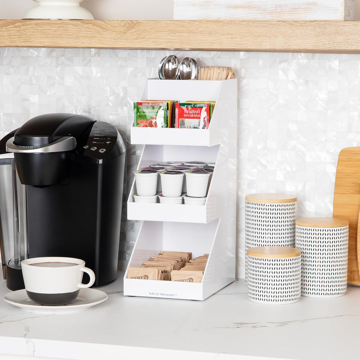 Mind Reader Coffee Tea Utensil and Condiment Station, Countertop Organizer, Coffee Bar, Kitchen, 6" L x 9" W x 16" H, White (Pack of 2)