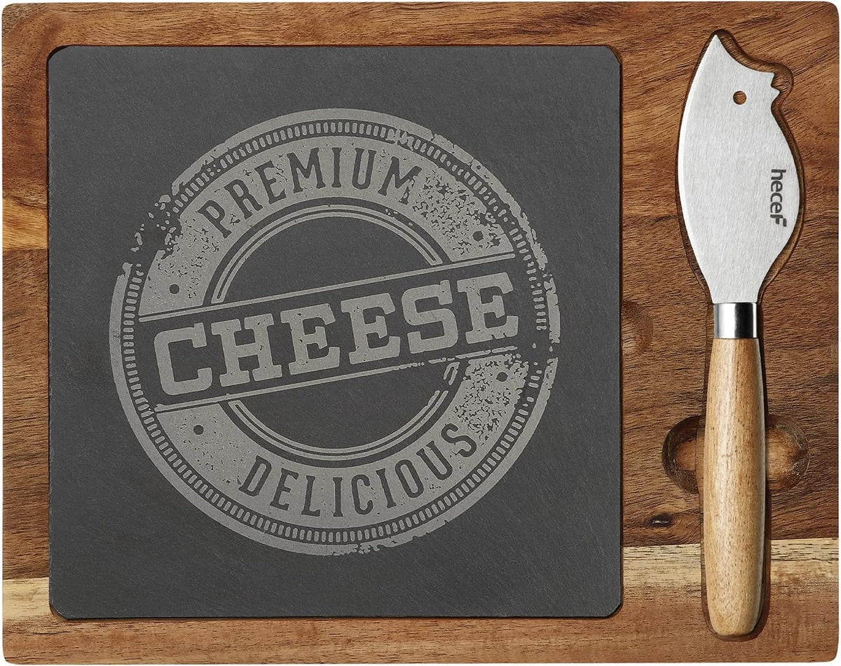 hecef Acacia Wood Cheese Board Set with Black Slate & Cheese knife, Wooden Charcuterie Platter & Serving Tray for Cheese, Crackers and Meat