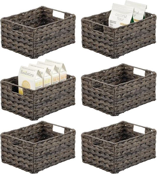 mDesign Woven Farmhouse Kitchen Pantry Food Storage Organizer Basket Box - Container Organization for Cabinets, Cupboards, Shelves, Countertops, Store Potatoes, Onions, Fruit, 6 Pack, Espresso Brown