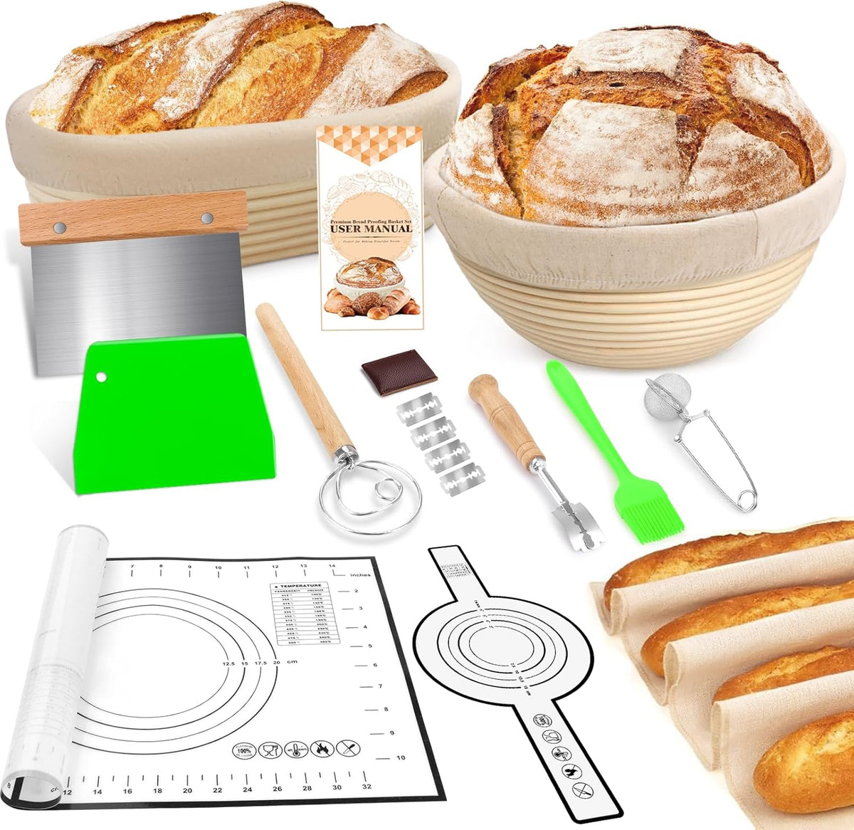 Large Sourdough Bread Baking Supplies, 10 Inch Round &12 Oval Banneton Bread Proofing Basket, Sourdough Starter Kit for Making Baking Fermentation