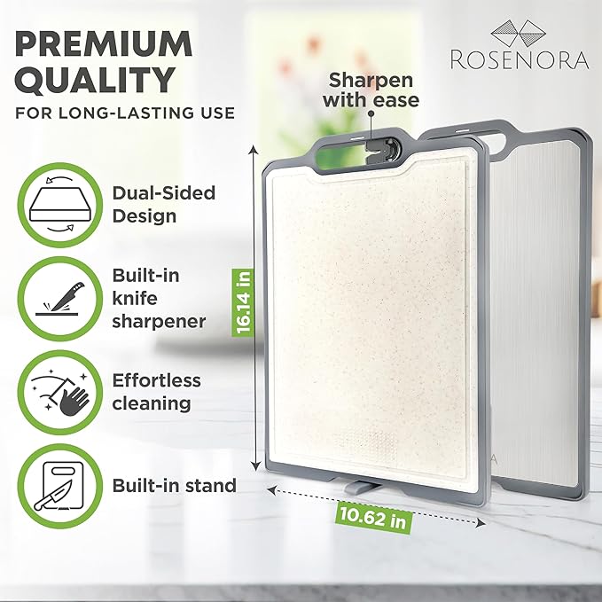 Double-Sided Cutting Board with Stand, Knife Sharpener & Grater | Non-Toxic Titanium + Wheatstraw PP Chopping Board | Healthy Choice Kitchen Accessory for Meat, Vegetables & Fruit