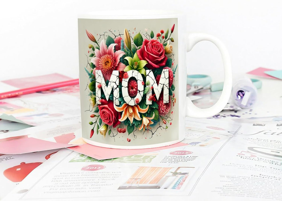 5Aup Mother's Day Mom Coffee Mug Gifts, Heartwarming 11 Ounce White Ceramic Cup, Love & Mom Themed with Floral Accents