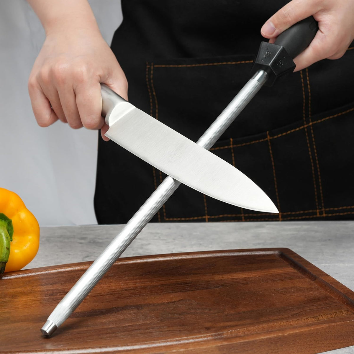 Knife Sharpener Knife Sharpening Rod Honing Steel with 15°-18°-20°Angle Guides Professional Carbon Steel with Black Rubber Grip for Kitchen Chef House Gift 12''