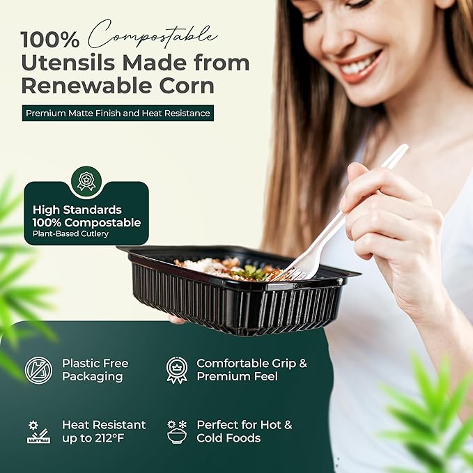 100% Compostable Forks 500 Large biodegradable forks Disposable Compostable Cutlery Silverware Utensils durable and heat resistant alternative to plastic forks with convenient tray by KOALALOVE