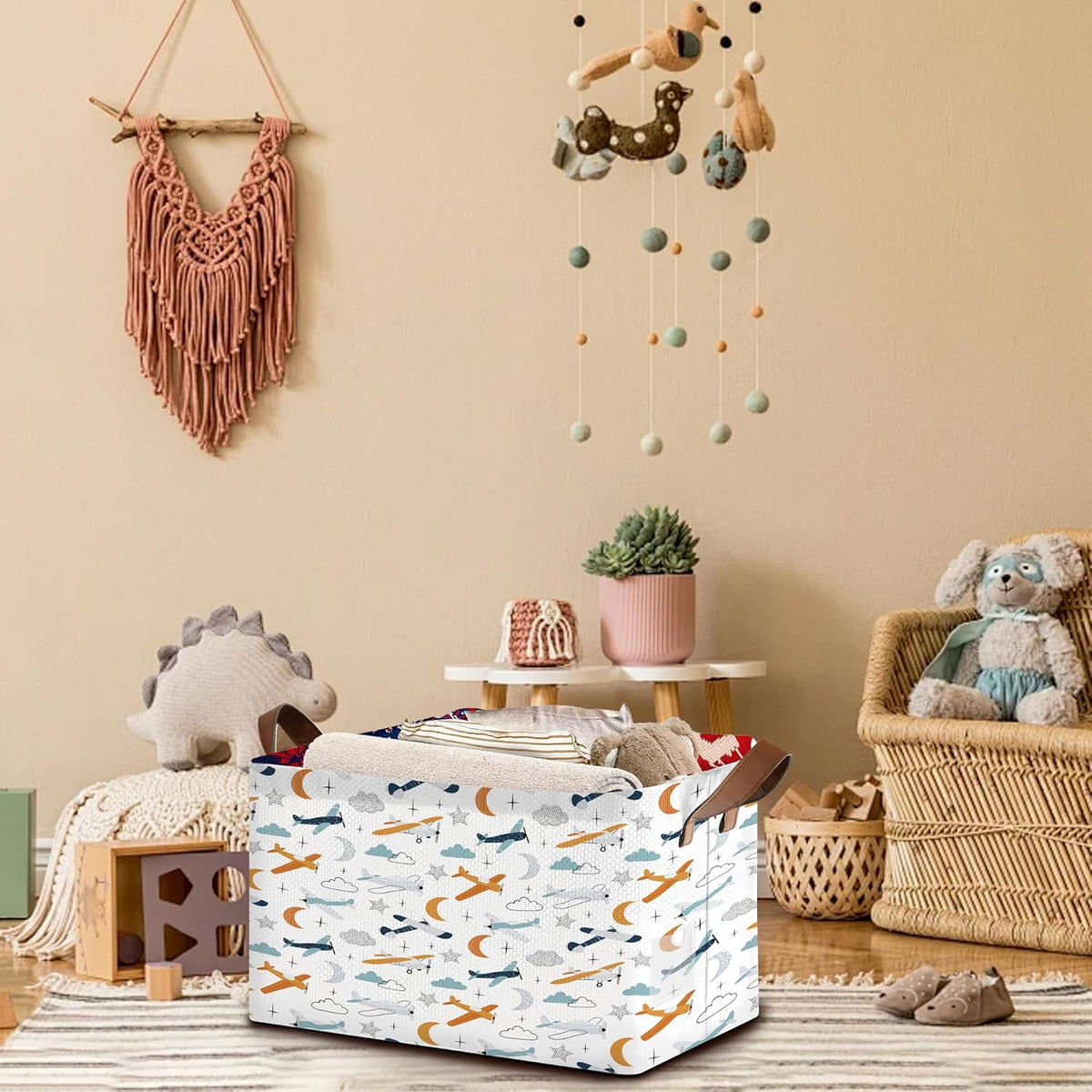 Aviation Themed Storage Basket Large 17x11.5x10.5 Inche-Collapsible Fabric Organizer Bin with Handles for Boys Room, Travel Decor, Toys-Decorative Hamper with Colorful Airplane Silhouettes-Single Pack