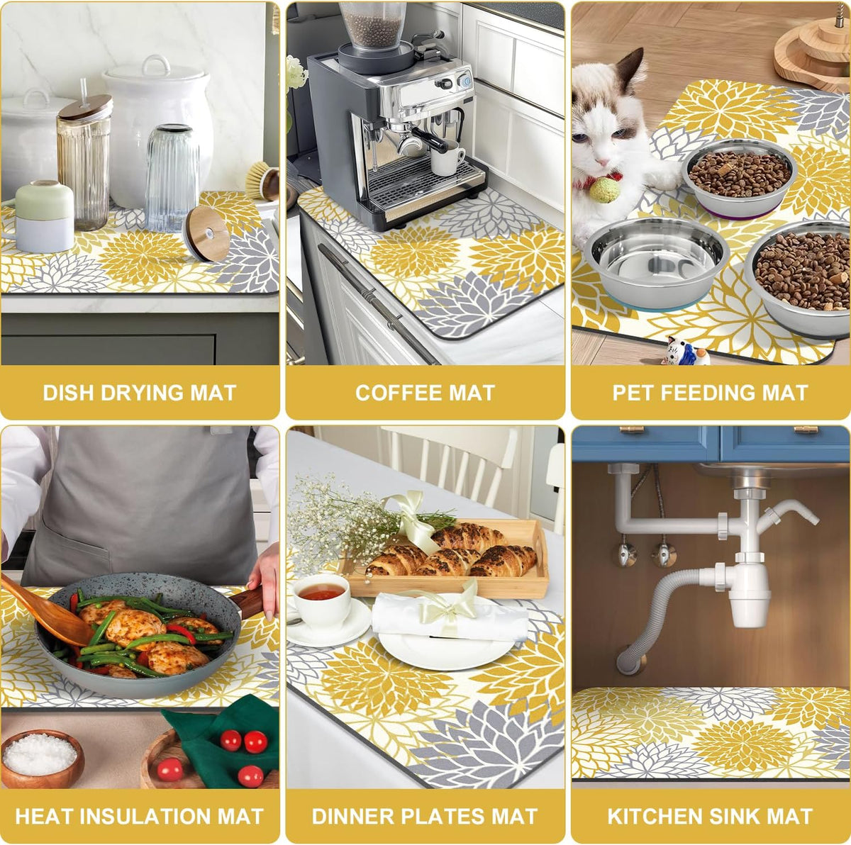 Findosom 2PCS 16" x 24" Dish Drying Mat & 24" x 5.5" Sink Splash Guard, Super Absorbent & Cuttable Dish Mat Drying Kitchen Mat with Yellow Floral, Hide Stain Drying Mat for Kitchen Counter