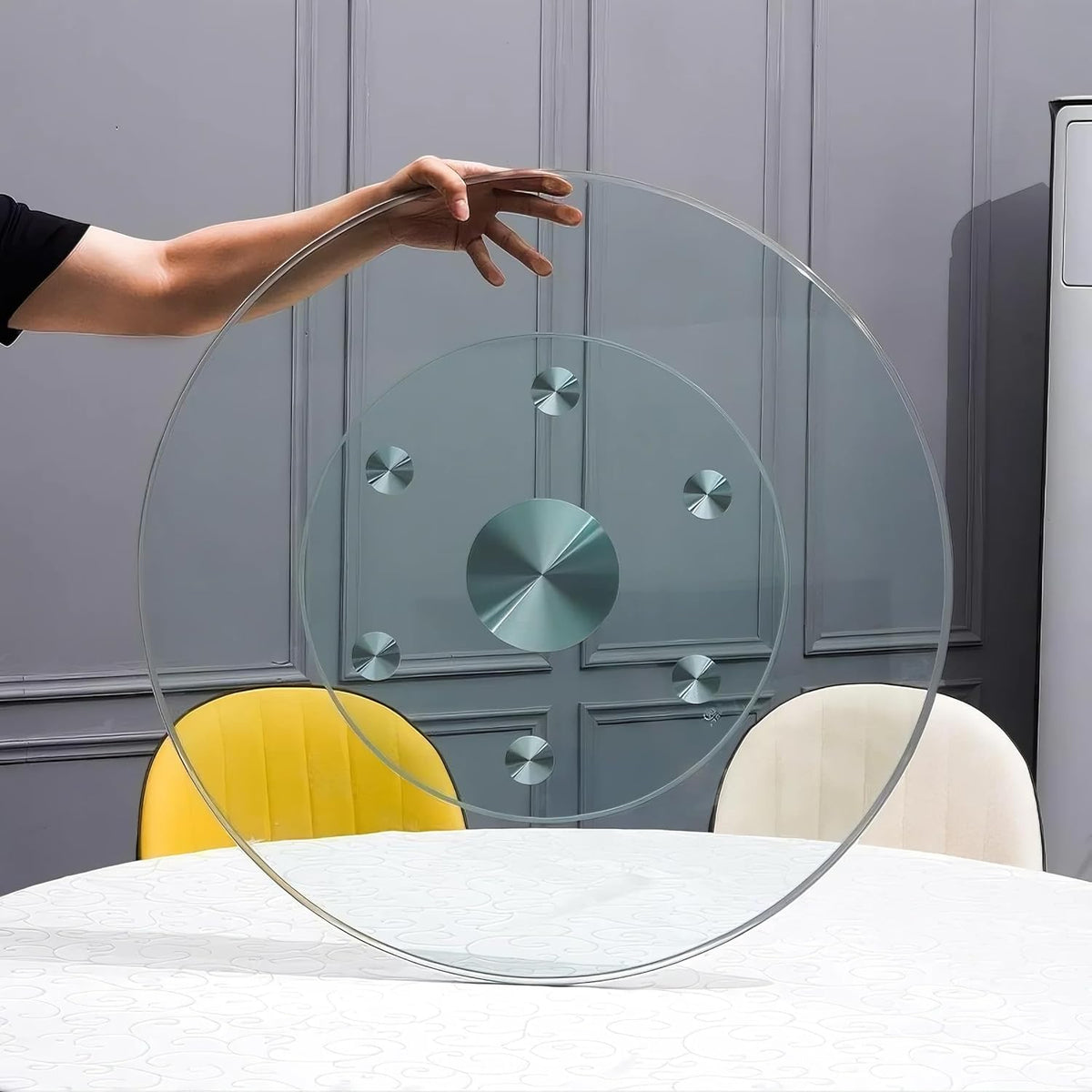 24" Tempered Glass Lazy Susan Turntable, 360° Silent-Spin Round Clear Tabletop Rotating Tray, Centerpiece for Dining Tables, Smooth Rotation, for Banquets, Weddings & Family Gatherings
