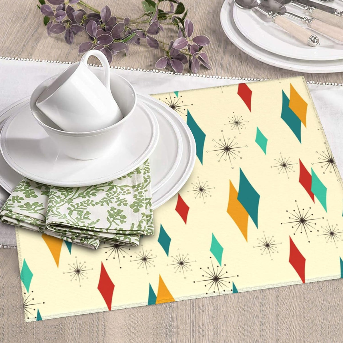 Mid Century Modern Dish Drying Mat for Kitchen Counter Atomic Retro Dish Drainer Rack Mats 16"x18" Absorbent Reversible Yellow Drying Pad
