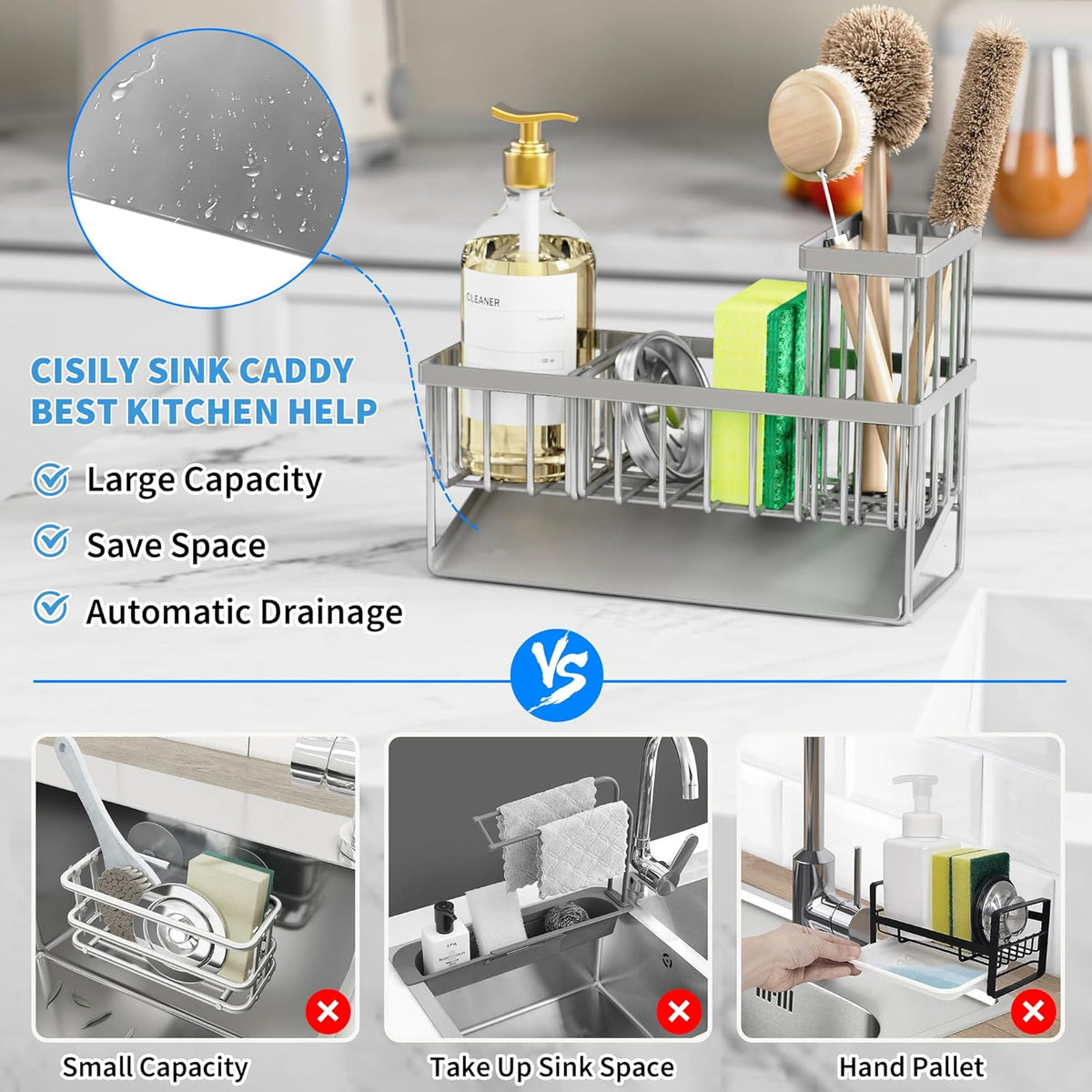 Cisily Sink Caddy Organzier with High Brush Holder, Sponge Holder for Sink, 304 Rustproof Stainless, Kitchen Countertop Soap Dispenser Organizer, Gray Kitchen Decor and Accessories