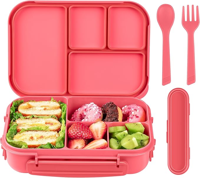 Amathley Lunch Box Kids,Bento Box Adult,Leakproof Lunch Containers for Adults/Kids/Toddler,1200ML-4 Compartments bento Lunch box with Utensil,Microwave & Dishwasher & Freezer Safe (Pink Berry)