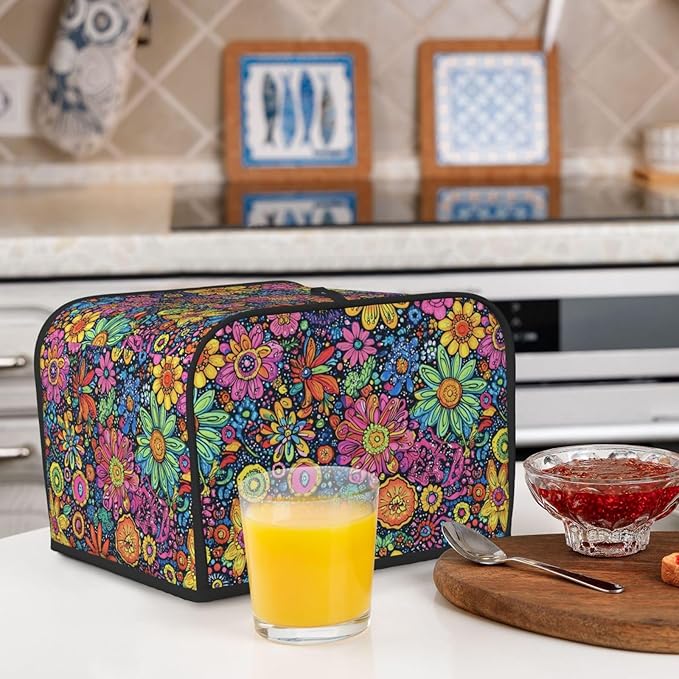 Toaster Cover 4 Slice Colorful Flower Art Kitchen Small Appliance Covers with Pockets Dust and Fingerprint Protection