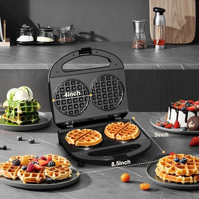 OSTBA Mini Waffle Maker 750W, Double 4-Inch Belgian Waffles Iron, Nonstick Plates, Compact Breakfast Appliance, Easy to Clean, Perfect for Kids & Family Breakfast