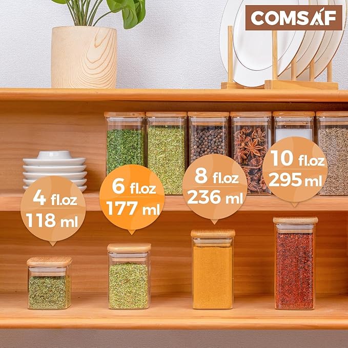 ComSaf 6Pcs 6 oz Spice Jars with Label Trial Set, Glass Spice Jars with Bamboo Lids Supplementary Set, Seasoning Container Trial Pack, Perfect for Ktichen Starter