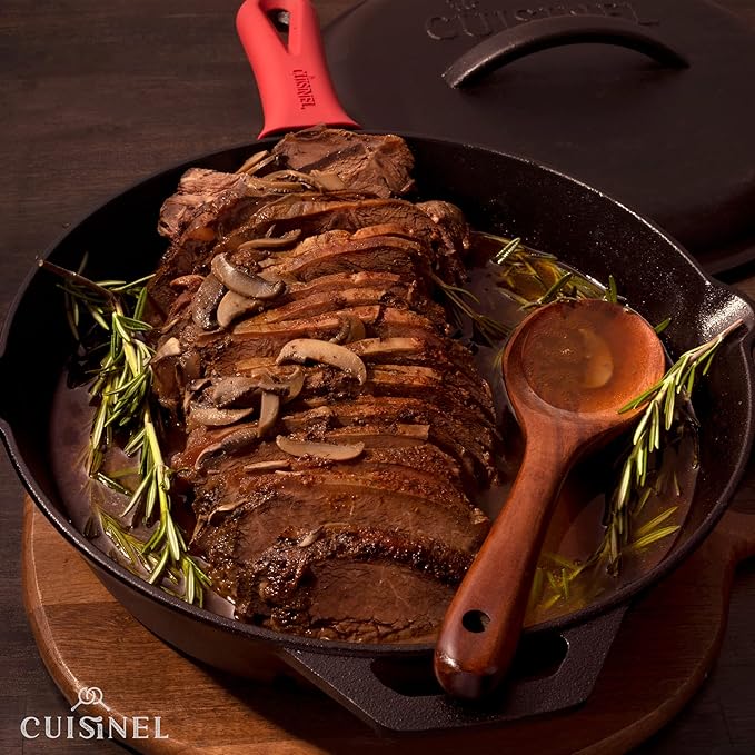 Cuisinel Cast Iron Skillet with Lid - 12"-inch Pre-Seasoned Covered Frying Pan Set + Silicone Handle & Lid Holders + Scraper/Cleaner - Indoor/Outdoor, Oven, Stovetop, Camping Fire, Grill Safe Cookware