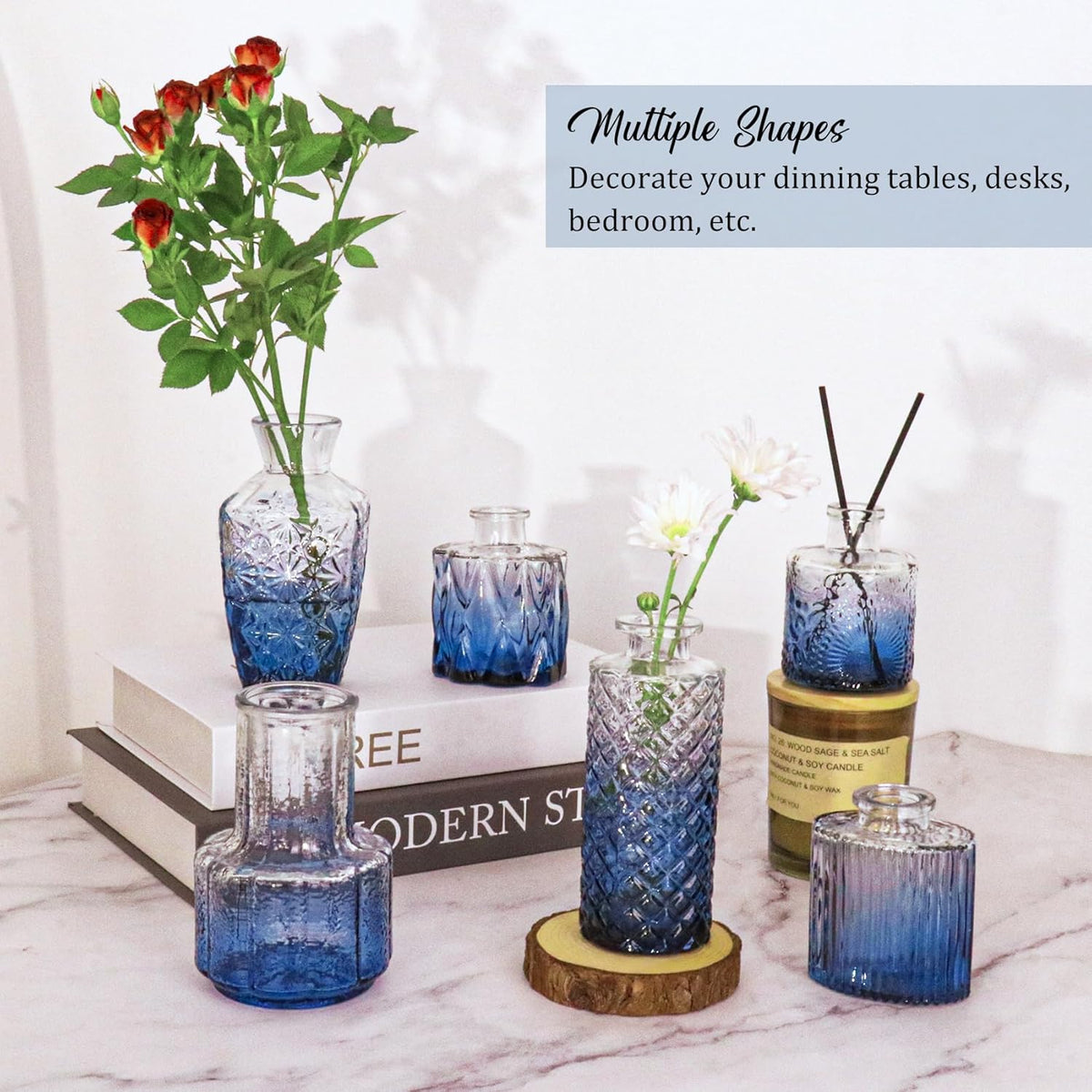 36Pcs Bud Vases Set Small Vintage Glass Bottles Bud Vases in Bulk Multiple Shape Cute Glass Vases for Rustic Wedding Centerpieces Table Decorations and Home Decor(Blue)