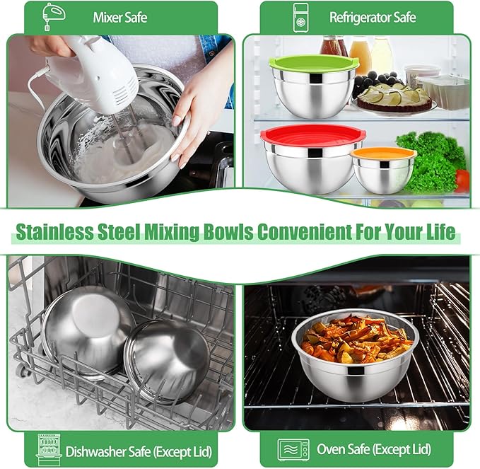 P&P CHEF Multicolor Mixing Bowls with Lids, Set of 3, Stainless Steel Salad Nesting Bowl for Mixing, Storing, Prepping, Airtight & Stackable, Size 4.6/3 /1.5 QT