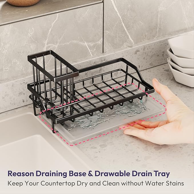 SWTYMIKI Large Sink Caddy Kitchen Sink Organizer with Detachable Brush Holder, Stainless Steel Sponge Holder with Removable Drip Tray Sponge Caddy for Kitchen Countertop, Black