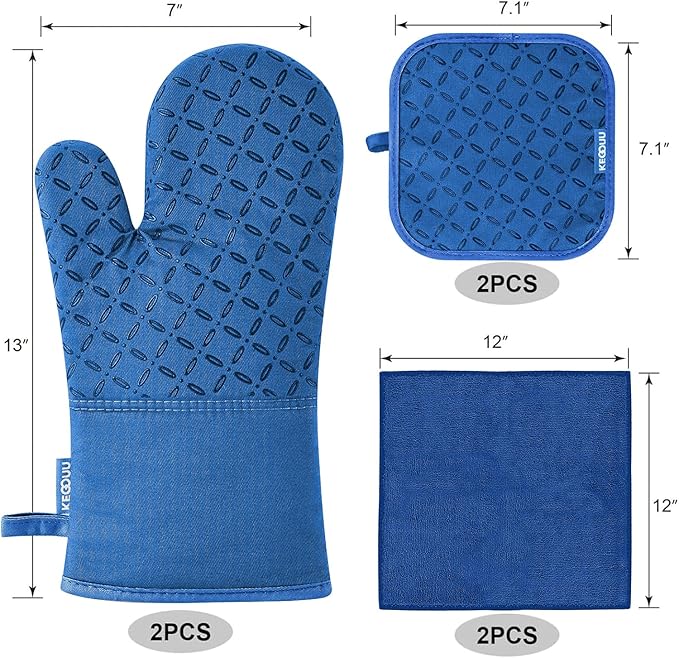 KEGOUU Oven Mitts and Pot Holders 6pcs Set, Kitchen Oven Glove High Heat Resistant 500 Degree Extra Long Oven Mitts and Potholder with Non-Slip Silicone Surface for Cooking (Royal Blue)