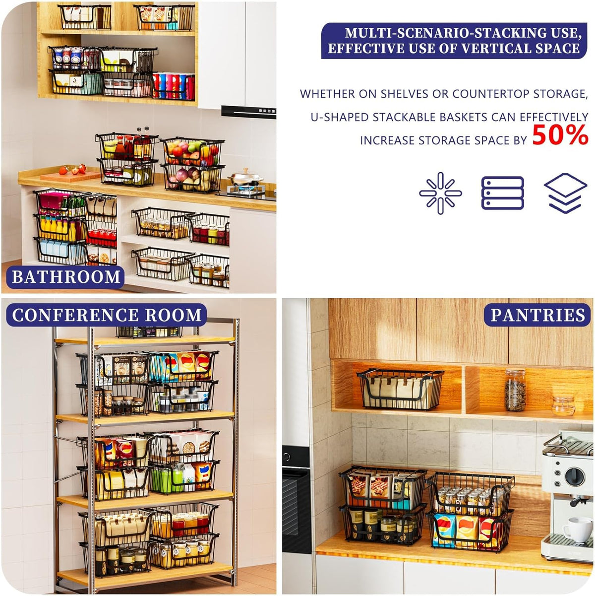 Enhanced Leak-Proof Bottom Stackable Wire Baskets, 6 Pack Pantry Organizers and Storage, pantry storage，Shelf Baskets, Fruit Basket, Potato and Onion Storage Bins，(Black)
