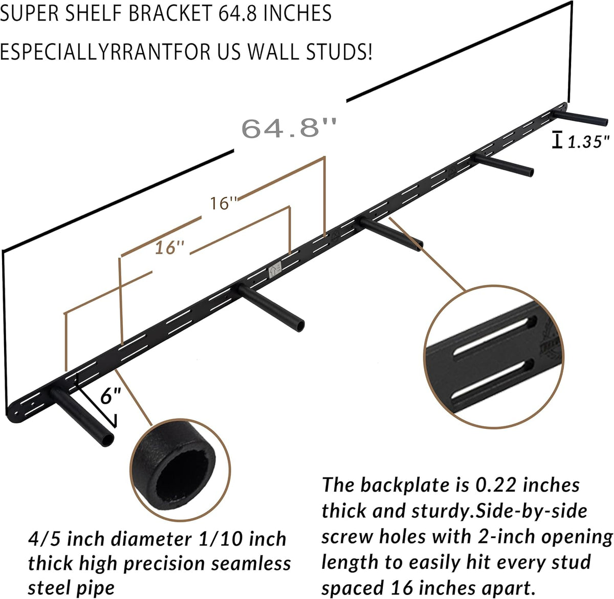 Rustic Floating Shelves 72 inch Long 8 "deep Set of 2, Heavy Duty Wood Wall Mounted Shelves for Bathroom Living Room Kitchen,Book Shelves with Thickened Hidden Bracket- Gold Oak