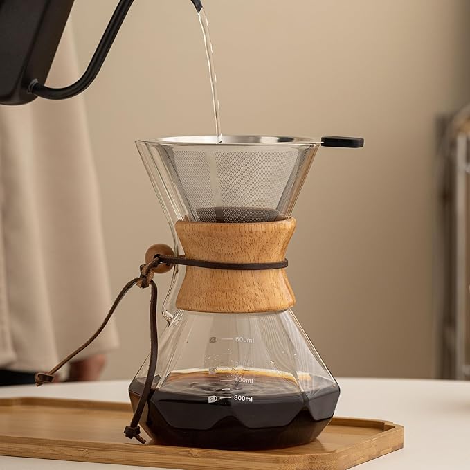 Pour Over Coffee Maker With Wood Sleeve，13.5oz/400mlPour Over Coffee Dripper,Pour Over Coffee Maker Set With Cork Stopper (13.5oz/400ml)