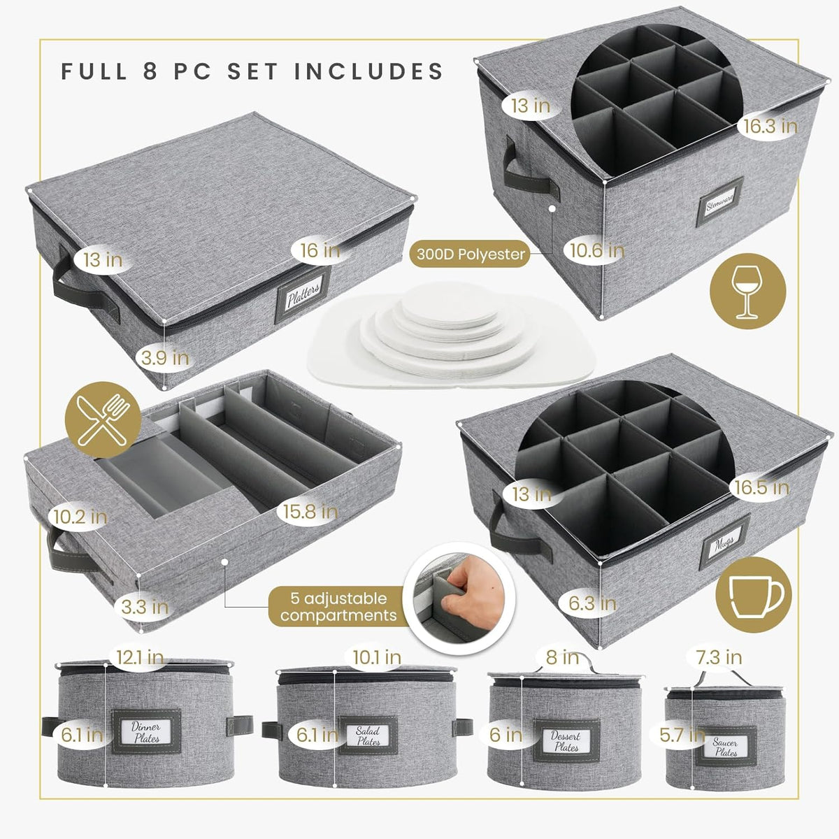 HOMELUX THEORY Hard Shell China Storage Containers, 8pc Light Gray Mug & Plate Storage Box, Kitchen Storage Bins With Lids, Heavy Duty Moving Box with Handles for Dishes, Silverware, Cup & Mug