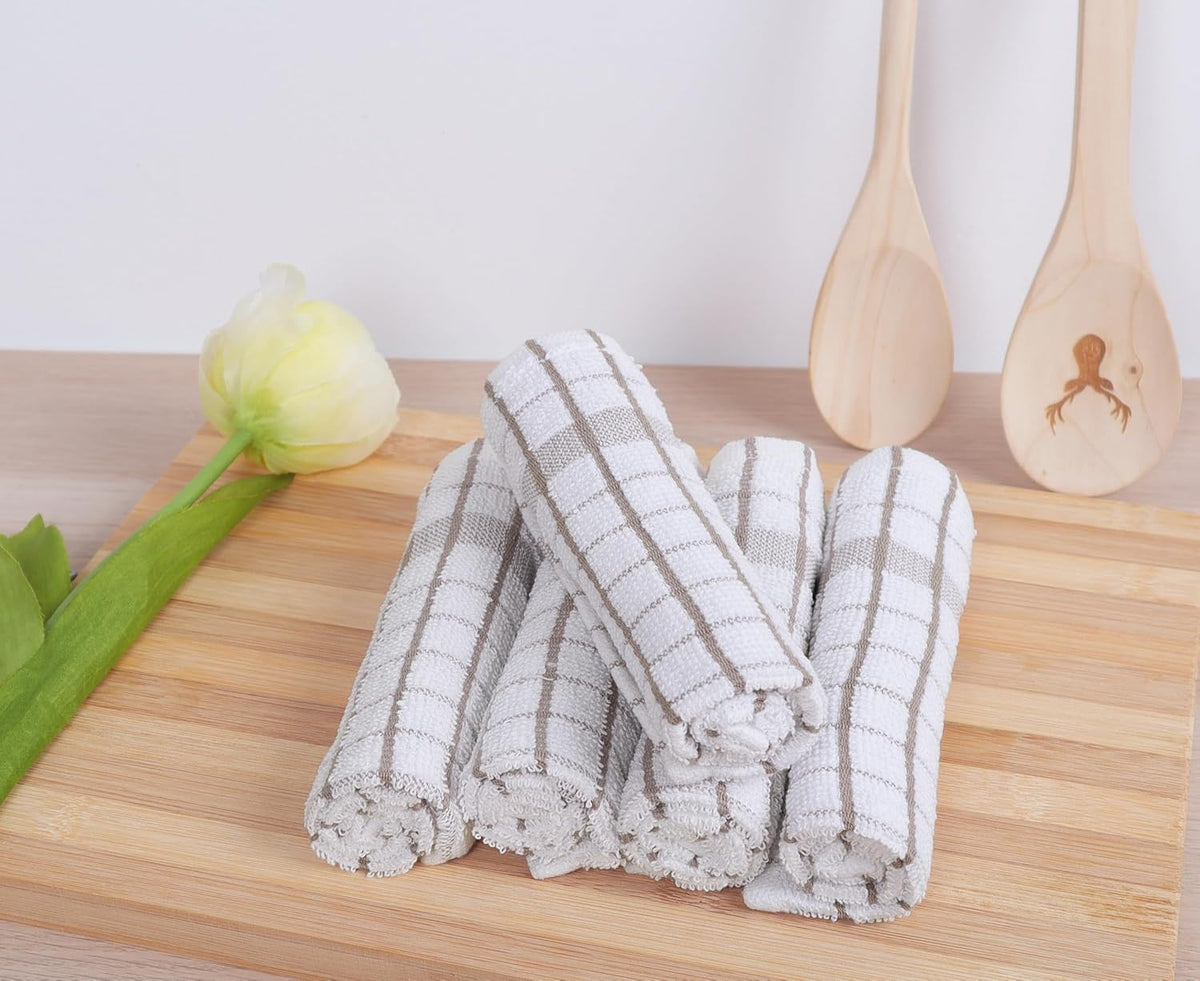 AMOUR INFINI Kitchen Dish Cloths Set of 8 - Ultra Soft, Highly Absorbent, Quick-Drying Terry Cotton Dishcloths 12"x12" Inch Wash & Cleaning Cloths for Kitchen & Dishwashing (Beige)