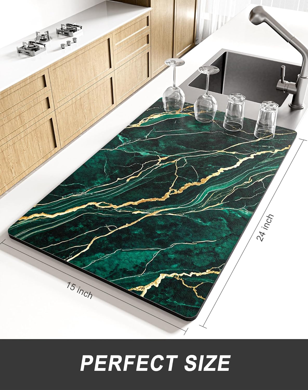 Rnivvi Dish Drying Mat for Kitchen Counter, XL 15 x 24" Cute Marble Absorbent Draining Pad, Non-Slip Heat Resistant Coffee Bar Mats for Coffee Machine Station Accessories, Green Gold Dish Rack Pad