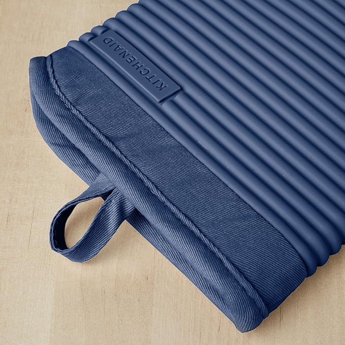 KITCHENAID Ribbed Soft Silicone Oven Mitt 2-Pack Set, 7.5"x13", Blue Willow