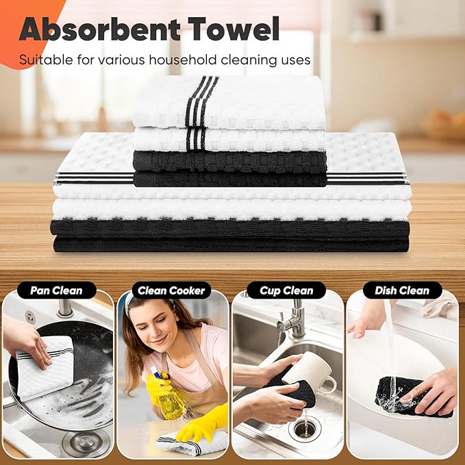Oven Mitts Kitchen Towels and Dishcloths with Pot Holders Sets, Oven Gloves Hot Pads 500°F Heat Resistant with Silicone Grip, Include 2 Cooking Gloves/2 Potholders/4 Kitchen Towels/4 Dish Towels