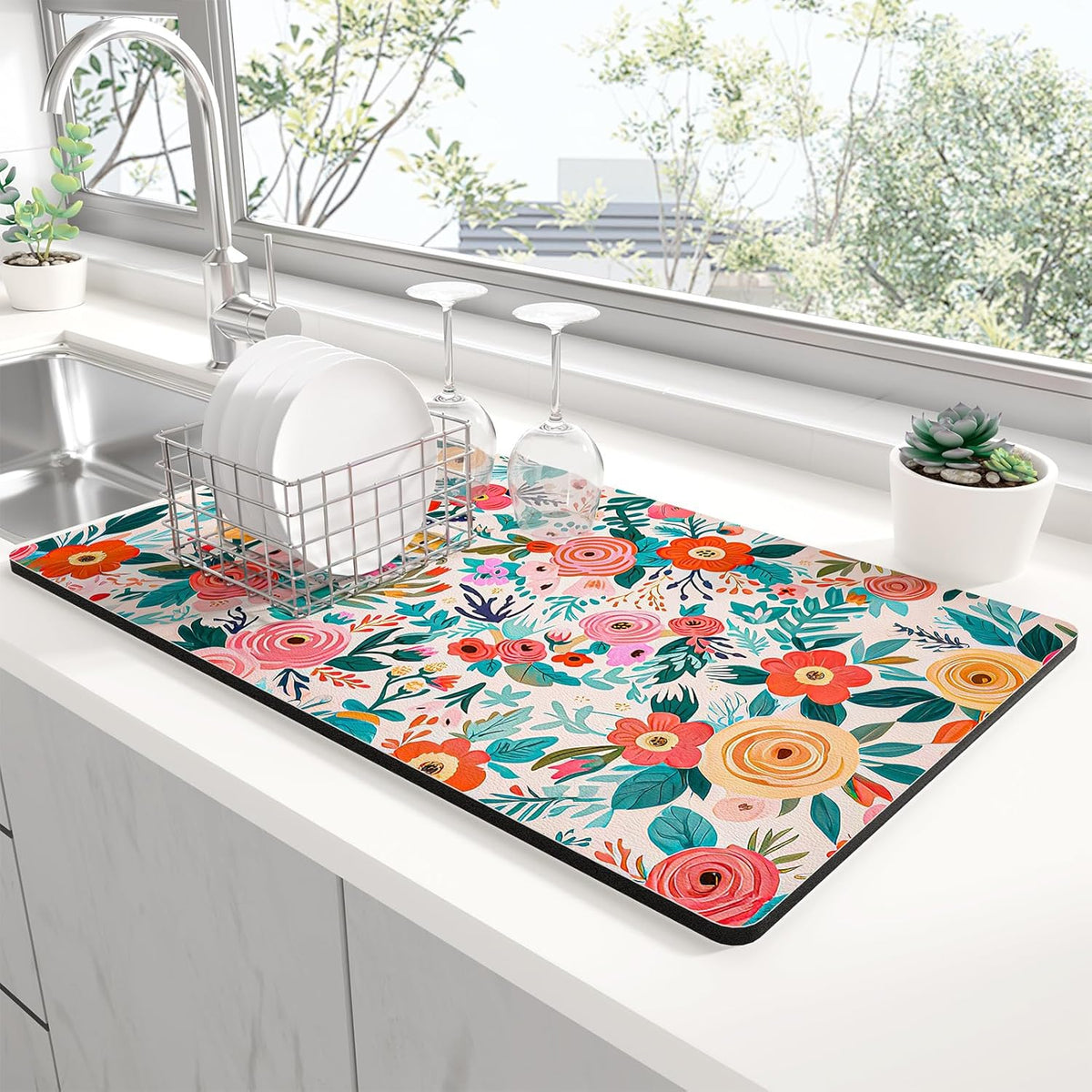 Rnivvi Dish Drying Mat for Kitchen Counter, 12 x 19" Cute Flower Super Absorbent Draining Pad, Non-Slip Heat Resistant Coffee Bar Mats for Coffee Machine Station Accessories, Colorful Dish Rack Pad