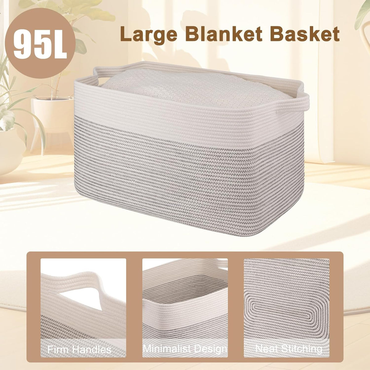 OIAHOMY 95L Blanket Basket, 24”x17”x14”, Large Woven Baskets for Storage, Nursery Cotton Rope Basket with Handle, Living Room, Nursery, Bedroom,Toy Baskets Organizer Bins, Black and White