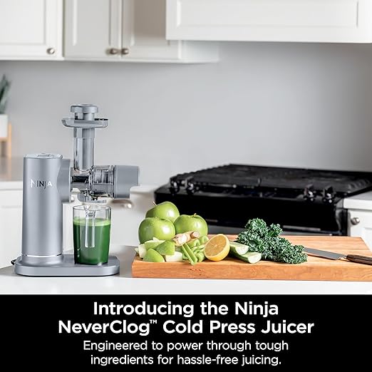 Ninja NeverClog Cold Press Juicer, Powerful Slow Juicer with Total Pulp Control, Countertop, Electric, 2 Pulp Functions, Dishwasher Safe, 2nd Generation, Steam Gray, JC151SL