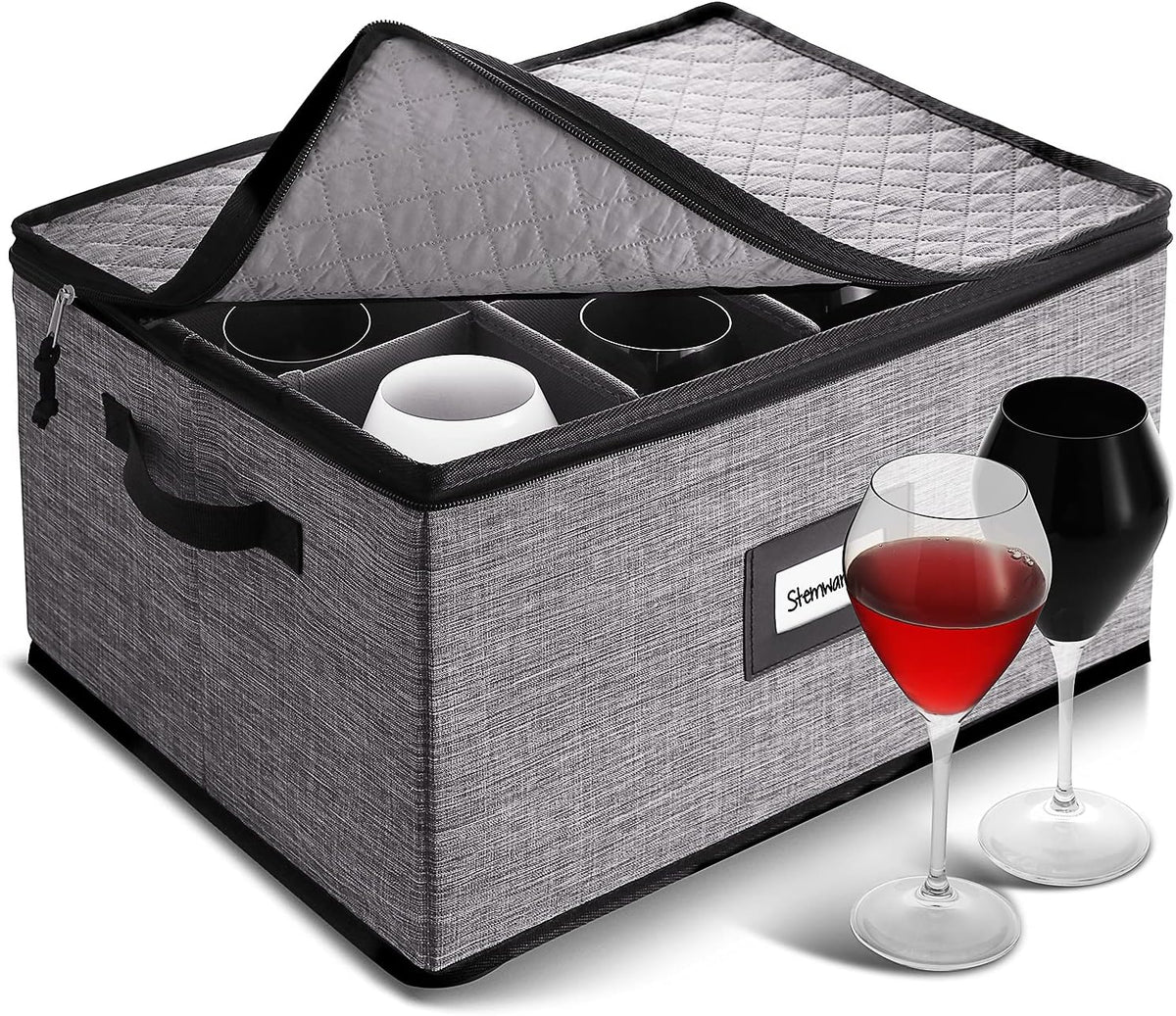 Wine Glass Storage Box with Dividers, Quilted and Stackable Stemware Storage Cases, Service of 12 Glassware Storage Containers, China Storage Containers Hard Shell for Moving and Seasonal Storage