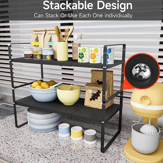 2Pack 16.5-27’’L Expandable Cabinet Shelf Organizers, Stackable Metal Shelves Extender for Kitchen Countertop Storage, Adjustable Spices Shelves Rack Stand for Cupboard Pantry, Black