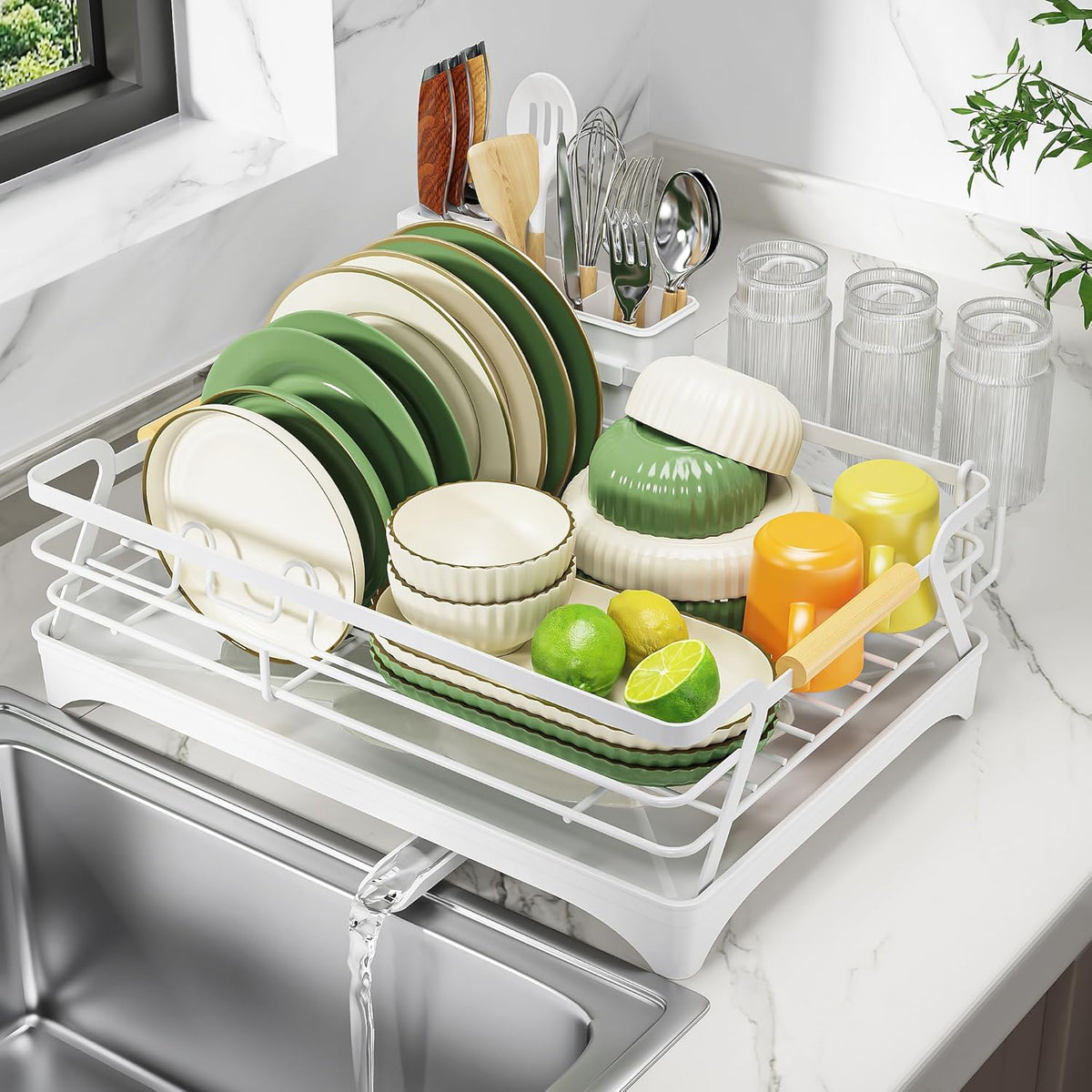 Epicano Dish Drying Rack for Kitchen Counter,Space-Saving Dish Rack,Rustproof Dish Drainer with Utensil Holder and Knife Slots for Sink,Kitchen Drying Rack with Wooden Handle and Cup Holder,White