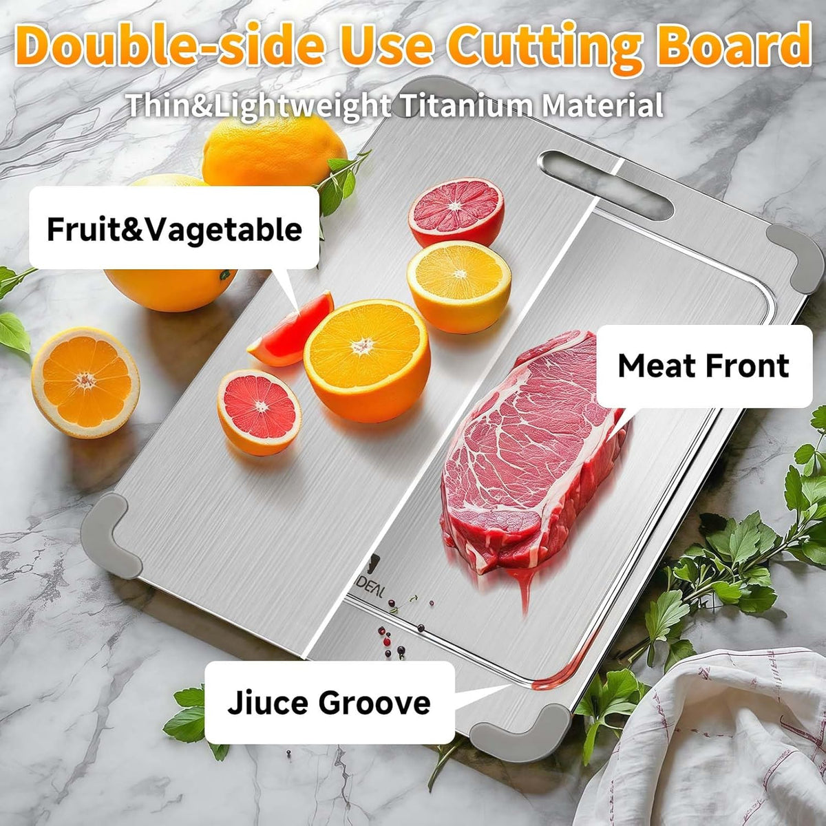 100% Pure Titanium Cutting Board with Grooves, Update Double Side Titanium Chopping Board, Silicone Anti-slip Stainless Cutting Boards for Kitchen 10 * 14 IN, Grey