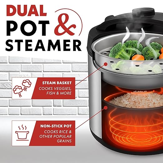 Gourmia Rice Cooker – 5 Qt Capacity, 20 Cup Cooked, 10 Cup Uncooked, Digital Controls, 6 Cooking Presets, Grain Cooker & Steamer, Nonstick Pot, Steam Tray, Delay Timer, Keep Warm, Stainless Steel