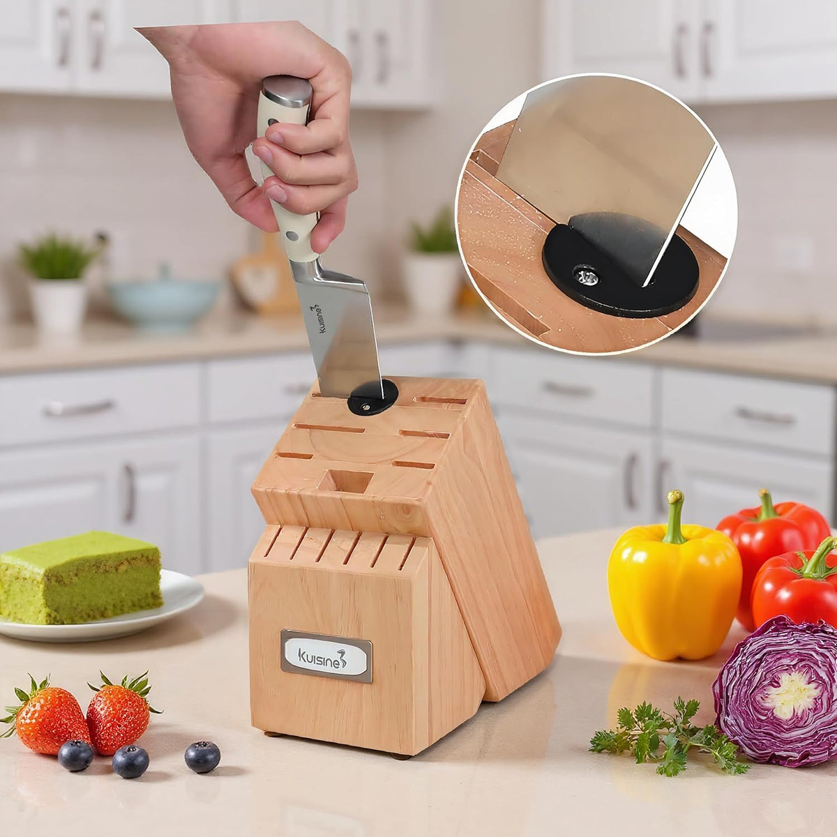 KUISINE Knife Set High Carbon Stainless Steel Ultra Sharp Blade Ergonomic Handle,Knife Block Set with Built-in Sharpener(Ivory Acacia,15PCS)