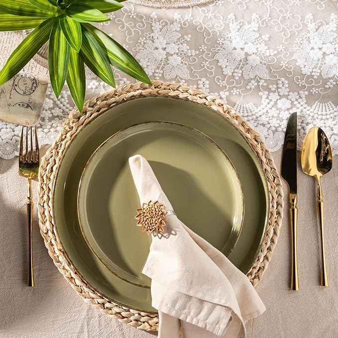 AmorArc Ceramic Dinnerware Sets for 4, 12 Pieces Handpainted Plates and Bowls Set with Rustic Terracotta Underside, Scratch Resistant Stoneware Dishes Set, Dishwasher & Microwave Safe, Olive Green